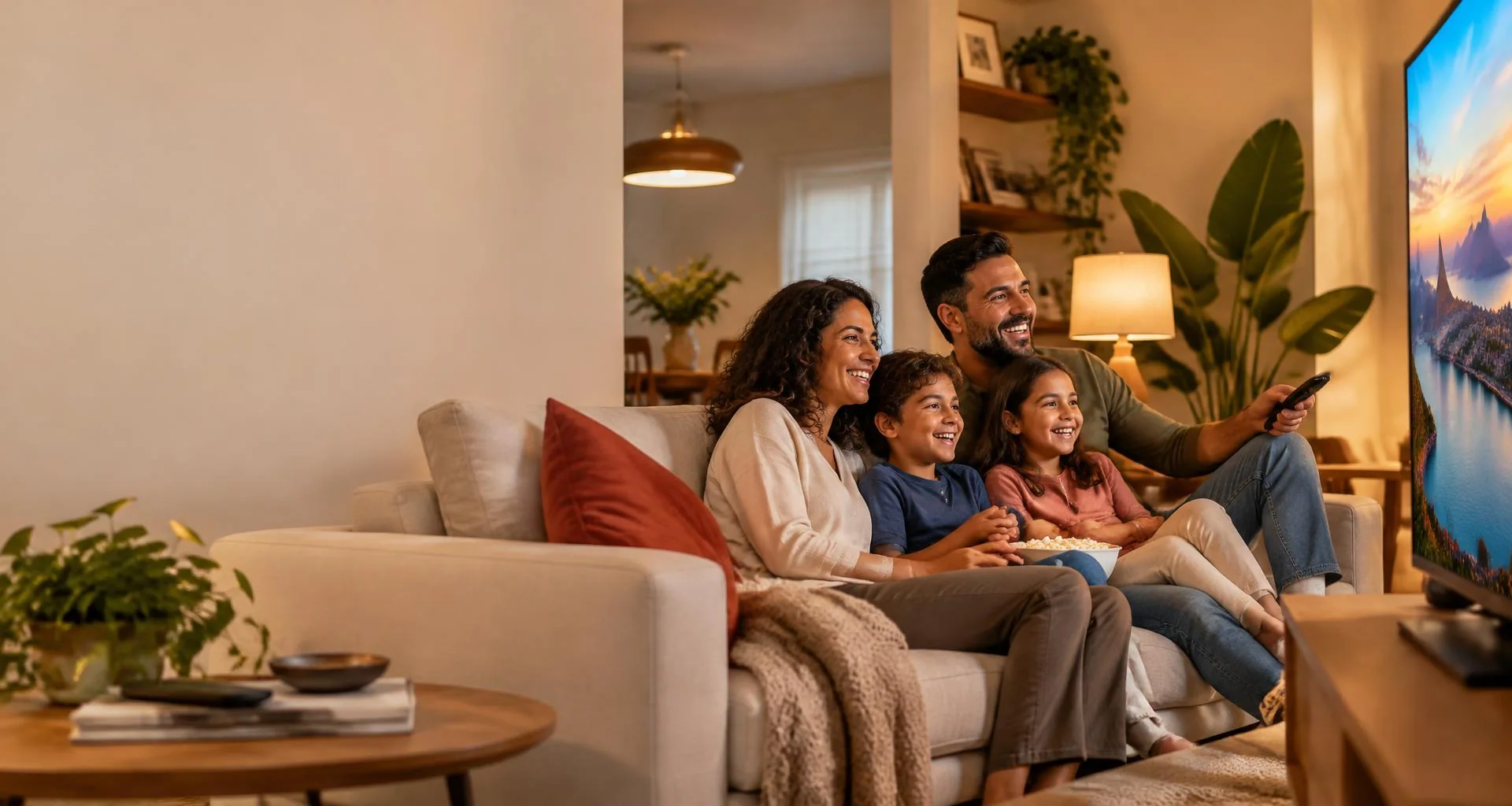 Família reunida no sofá assistindo televisão